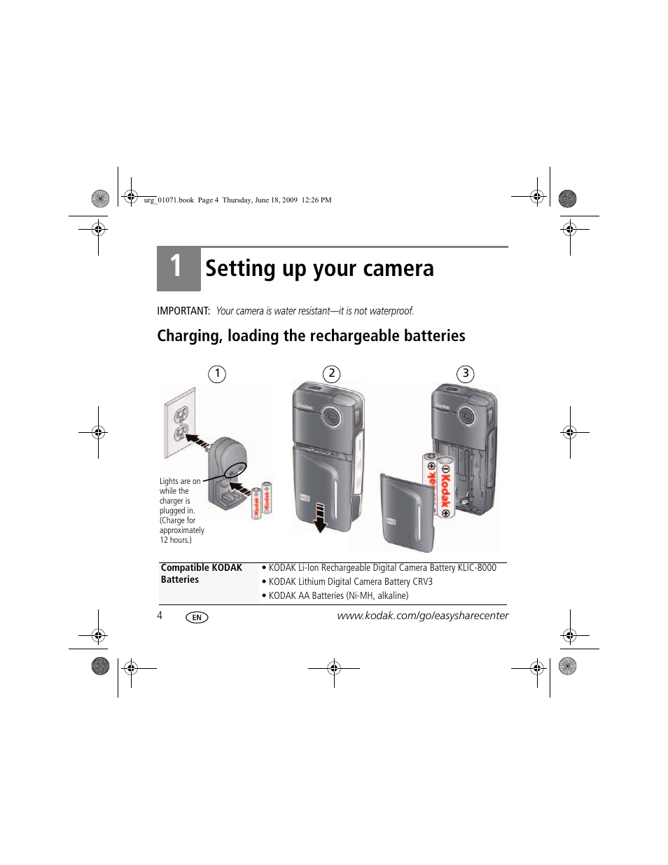 Setting up your camera, Charging, loading the rechargeable batteries | Kodak Zx1 User Manual | Page 4 / 25