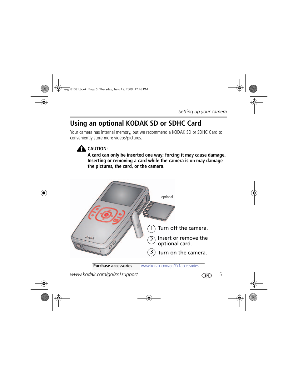 Using an optional kodak sd or sdhc card | Kodak Zx1 User Manual | Page 5 / 25