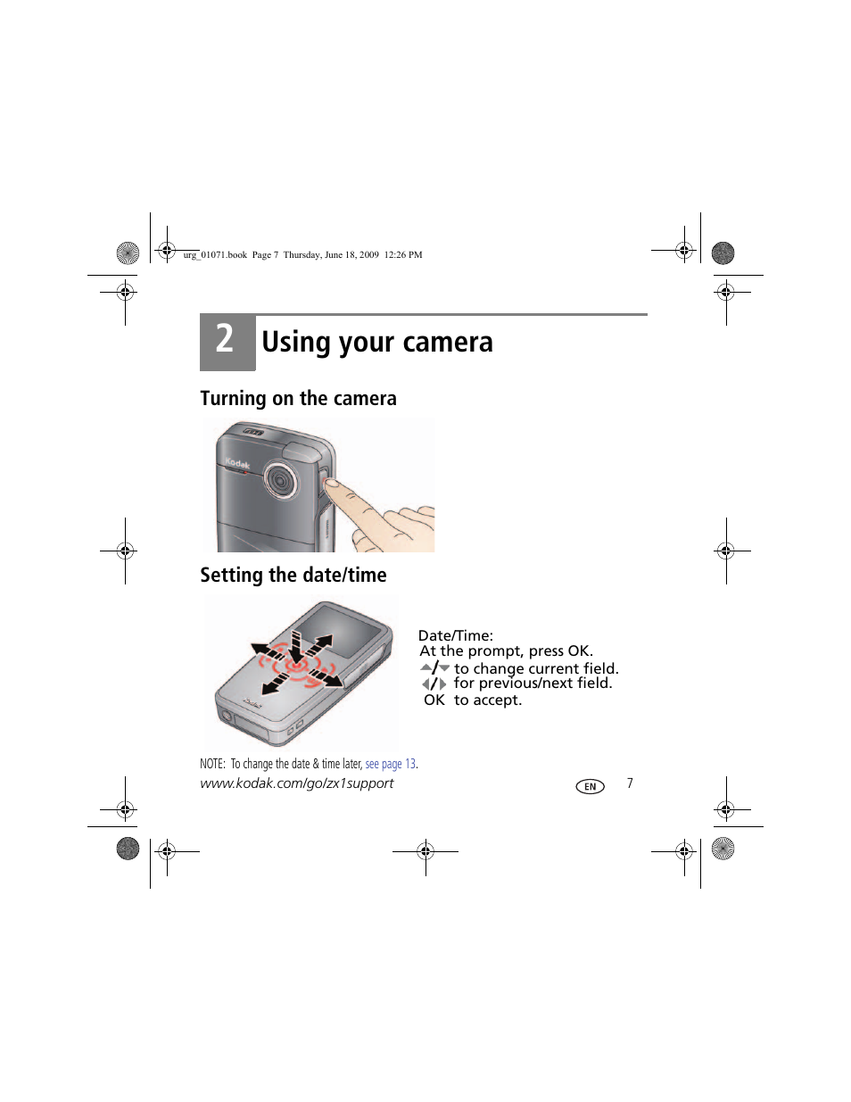 Using your camera, Turning on the camera setting the date/time | Kodak Zx1 User Manual | Page 7 / 25