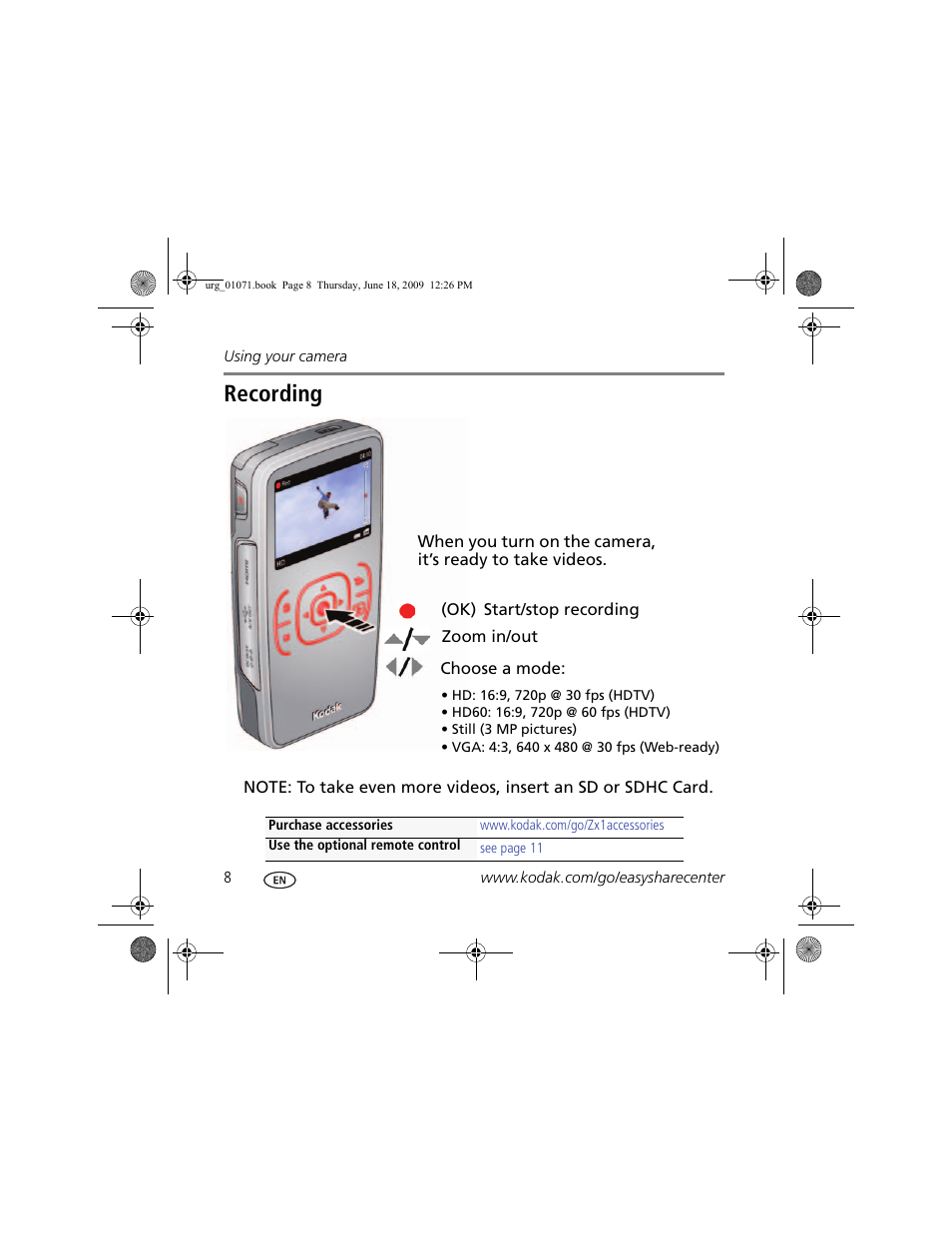 Recording | Kodak Zx1 User Manual | Page 8 / 25