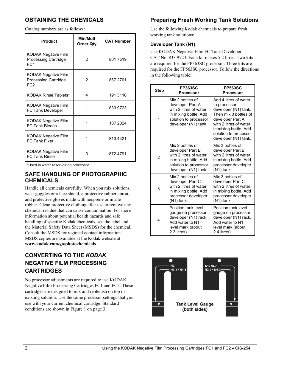 Obtaining the chemicals, Safe handling of photographic chemicals, Preparing fresh working tank solutions | Kodak FC1 User Manual | Page 2 / 10