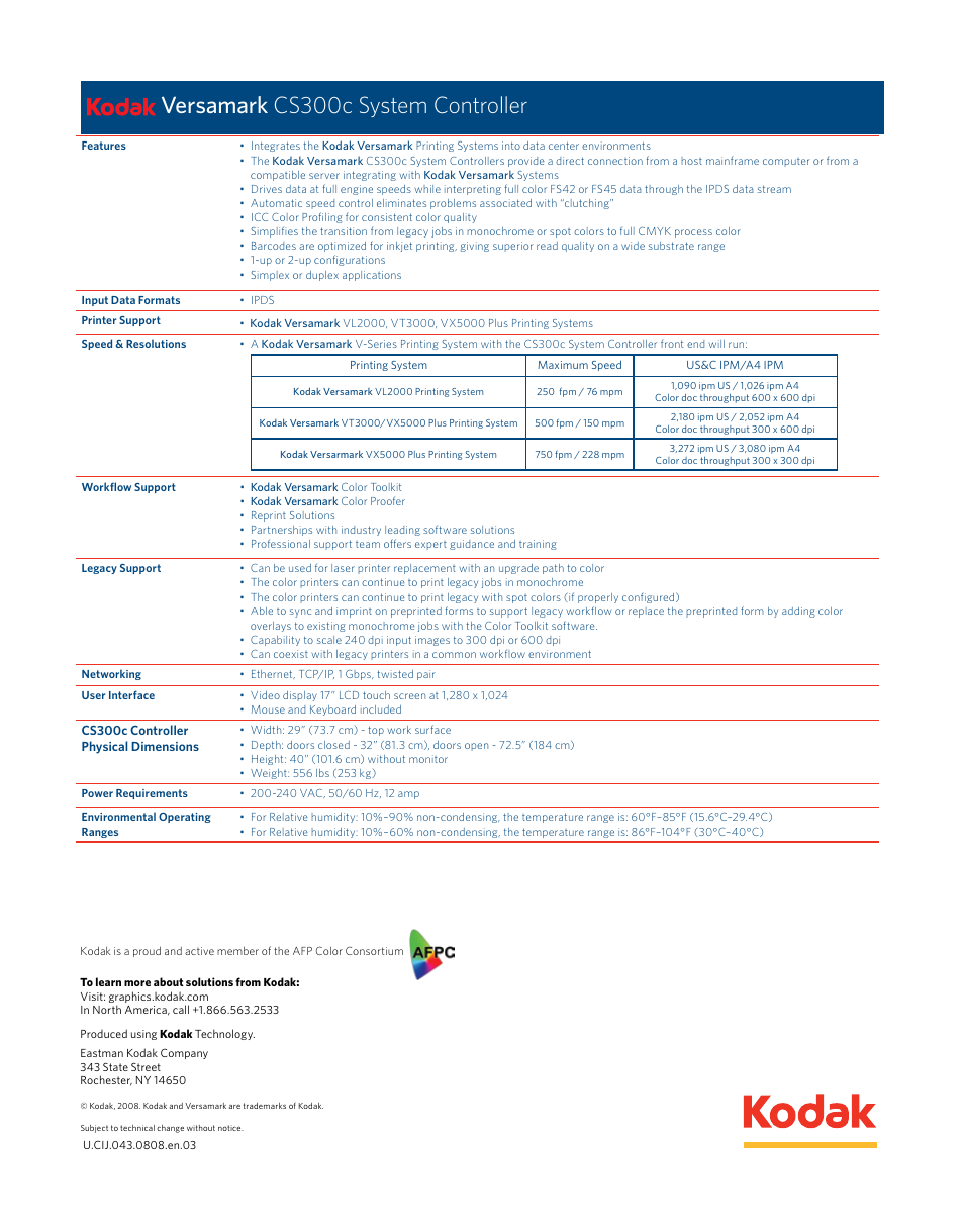 Versamark cs300c system controller | Kodak CS300C User Manual | Page 2 / 2