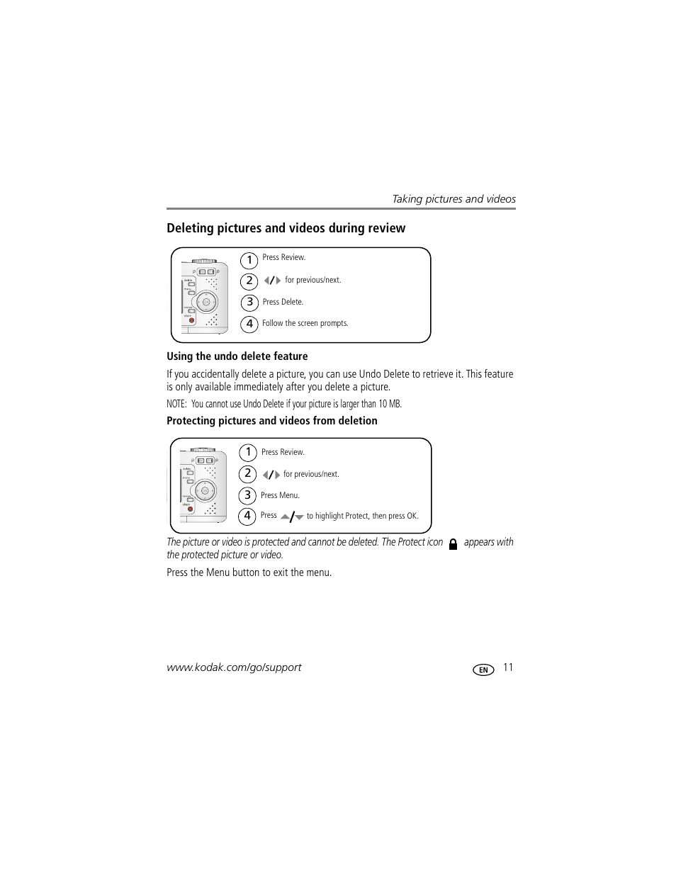 Deleting pictures and videos during review, Using the undo delete feature, Protecting pictures and videos from deletion | Kodak EasyShare C433 User Manual | Page 17 / 66