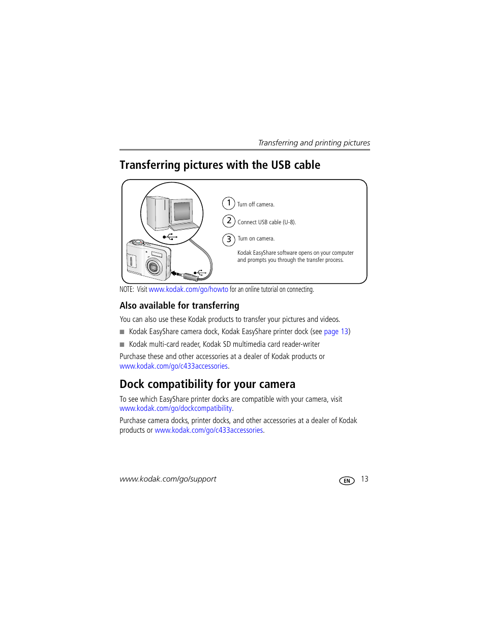 Transferring pictures with the usb cable, Also available for transferring, Dock compatibility for your camera | Kodak EasyShare C433 User Manual | Page 19 / 66