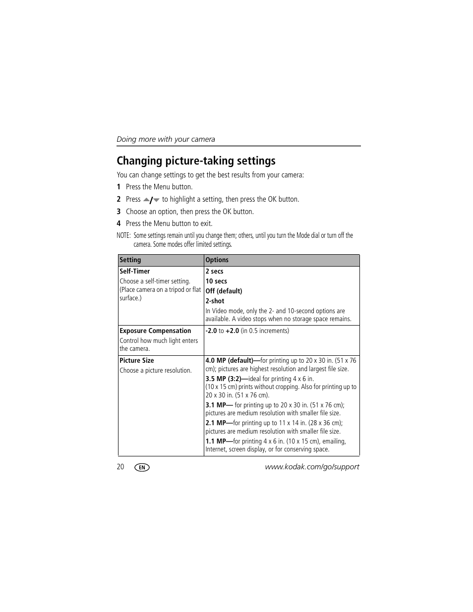 Changing picture-taking settings | Kodak EasyShare C433 User Manual | Page 26 / 66