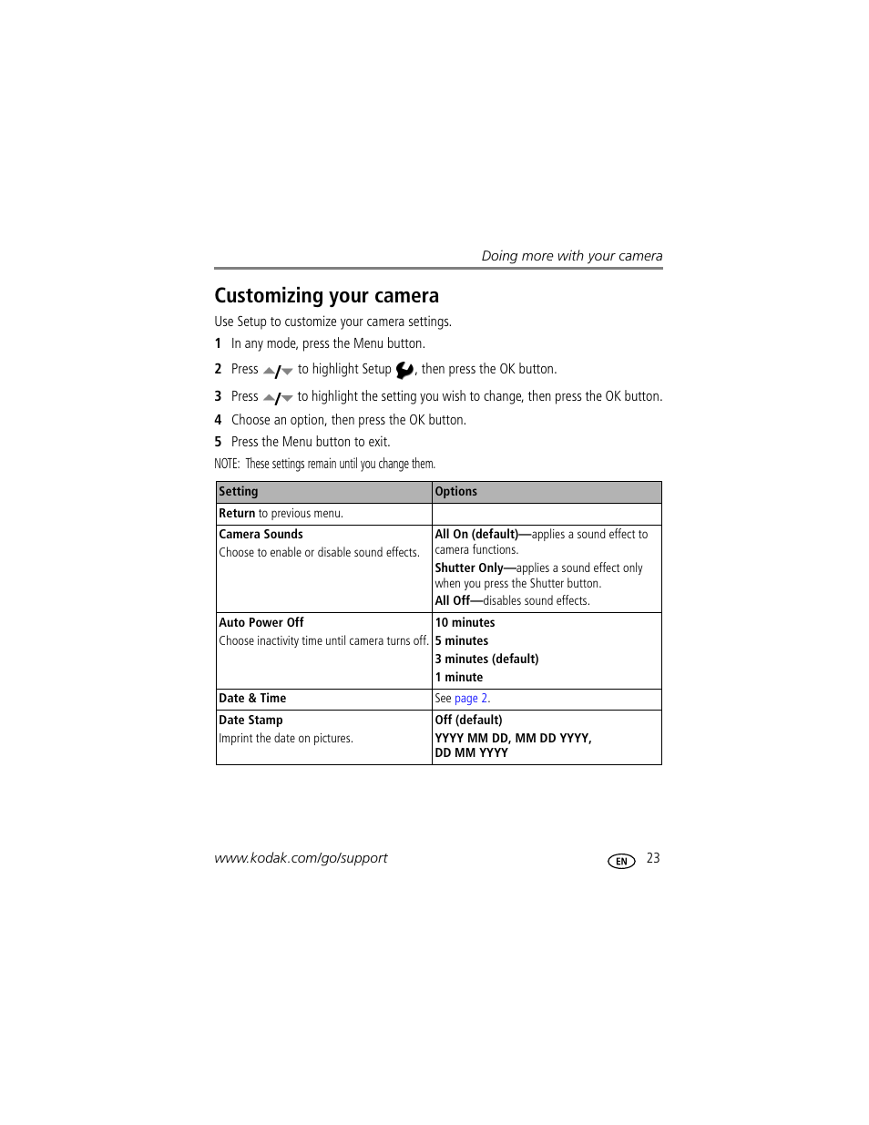 Customizing your camera | Kodak EasyShare C433 User Manual | Page 29 / 66