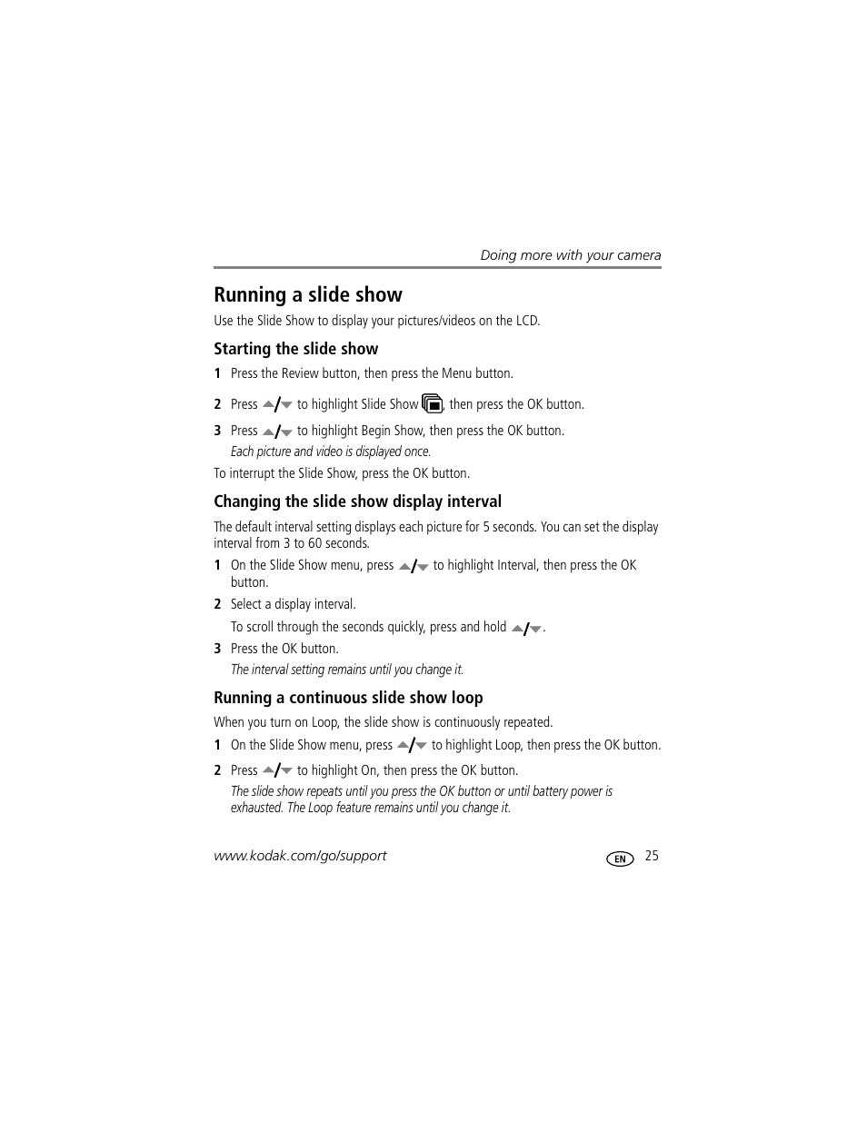 Running a slide show, Starting the slide show, Changing the slide show display interval | Running a continuous slide show loop | Kodak EasyShare C433 User Manual | Page 31 / 66