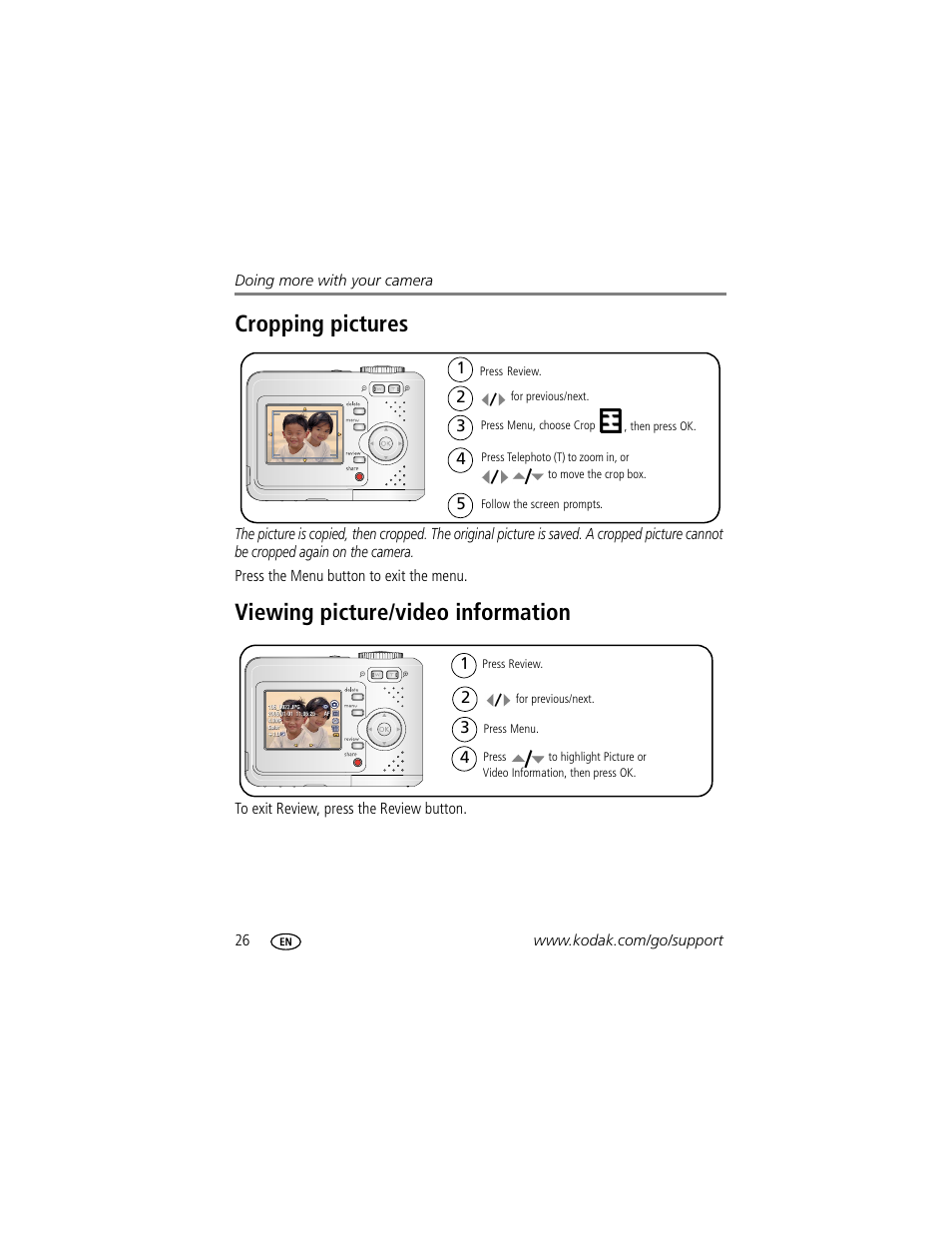 Cropping pictures, Viewing picture/video information | Kodak EasyShare C433 User Manual | Page 32 / 66