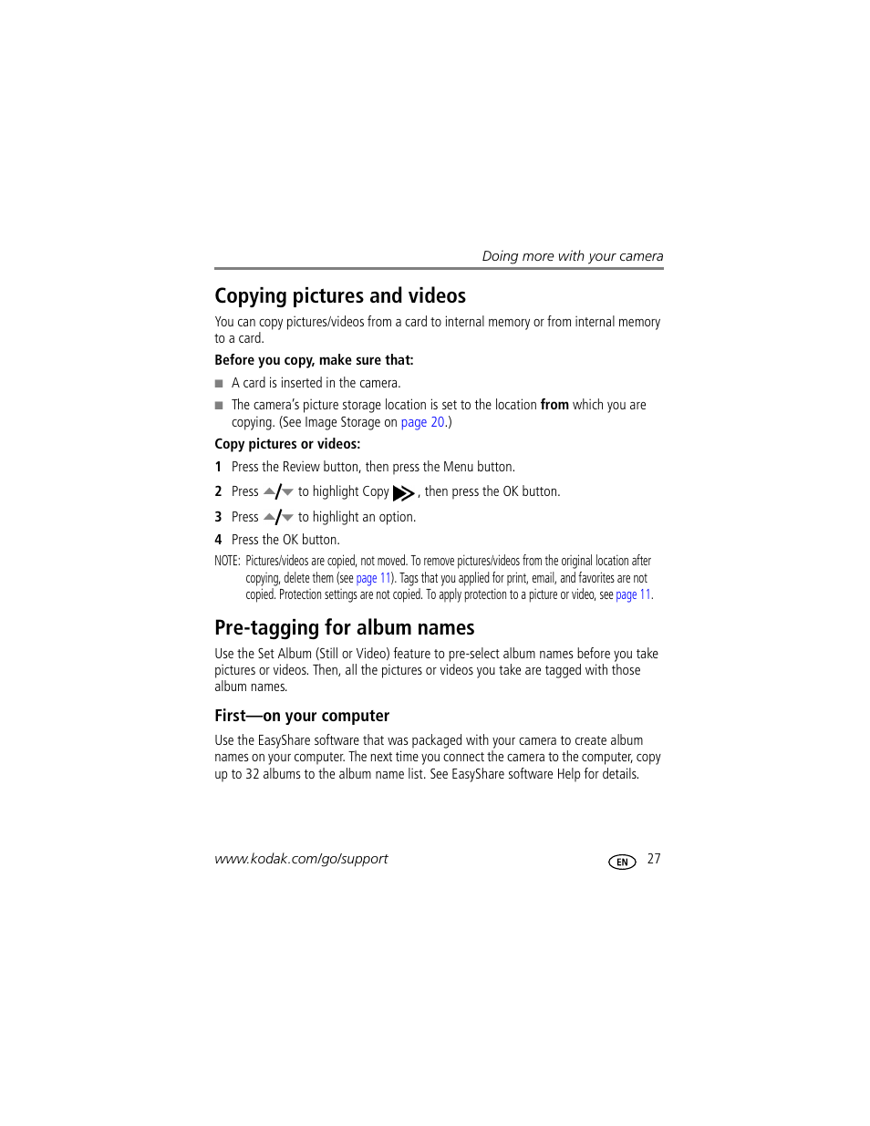 Copying pictures and videos, Pre-tagging for album names, First-on your computer | Kodak EasyShare C433 User Manual | Page 33 / 66