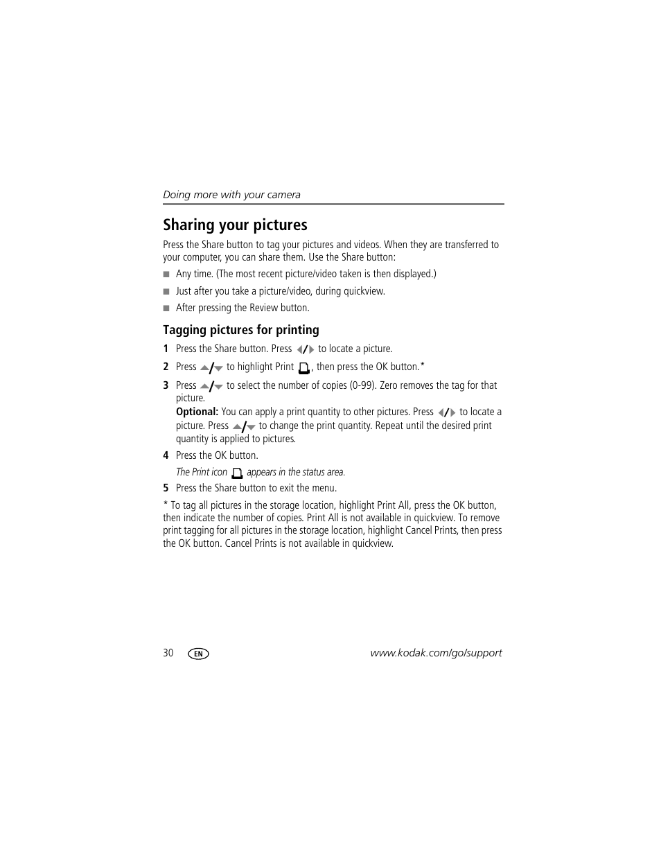 Sharing your pictures, Tagging pictures for printing | Kodak EasyShare C433 User Manual | Page 36 / 66