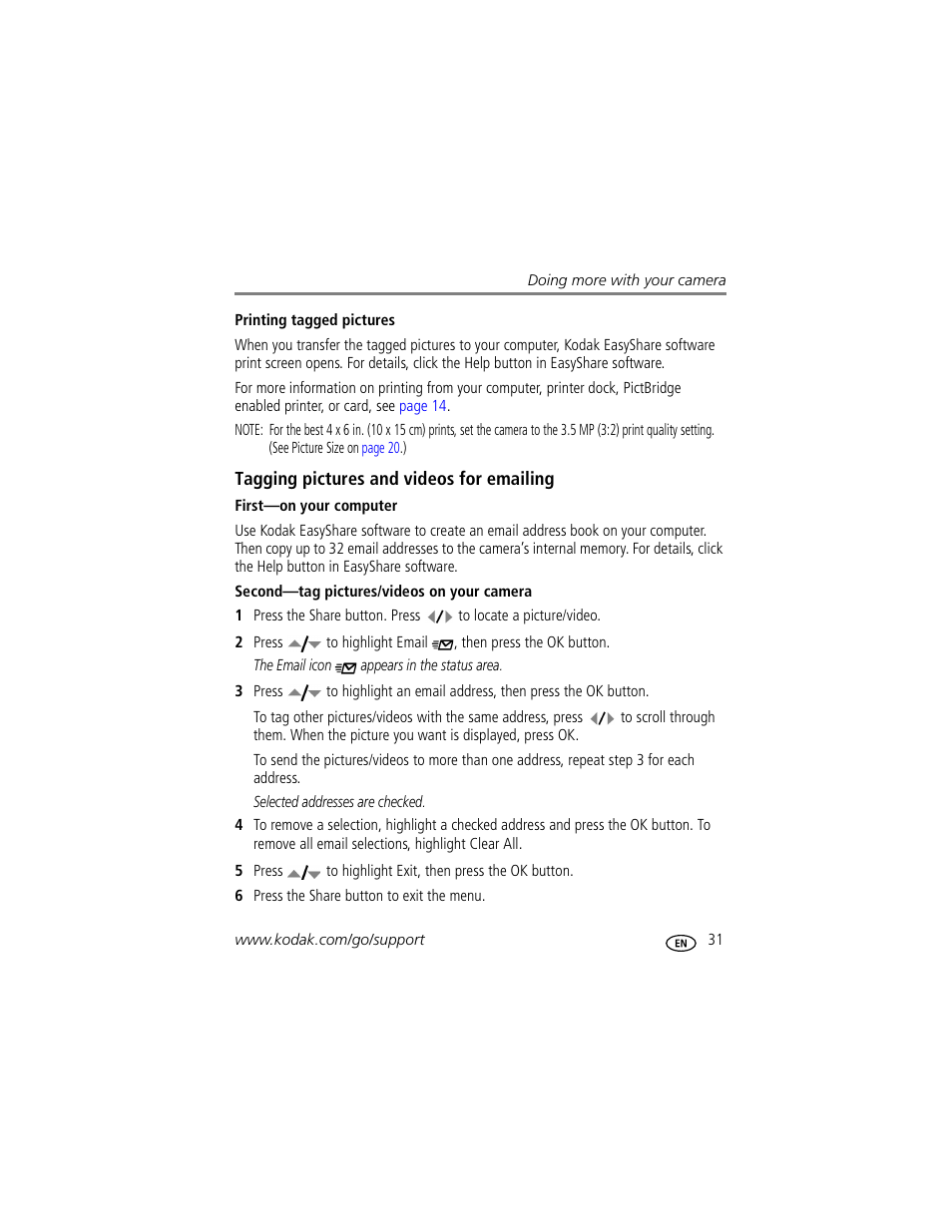 Printing tagged pictures, Tagging pictures and videos for emailing, First-on your computer | Second-tag pictures/videos on your camera | Kodak EasyShare C433 User Manual | Page 37 / 66