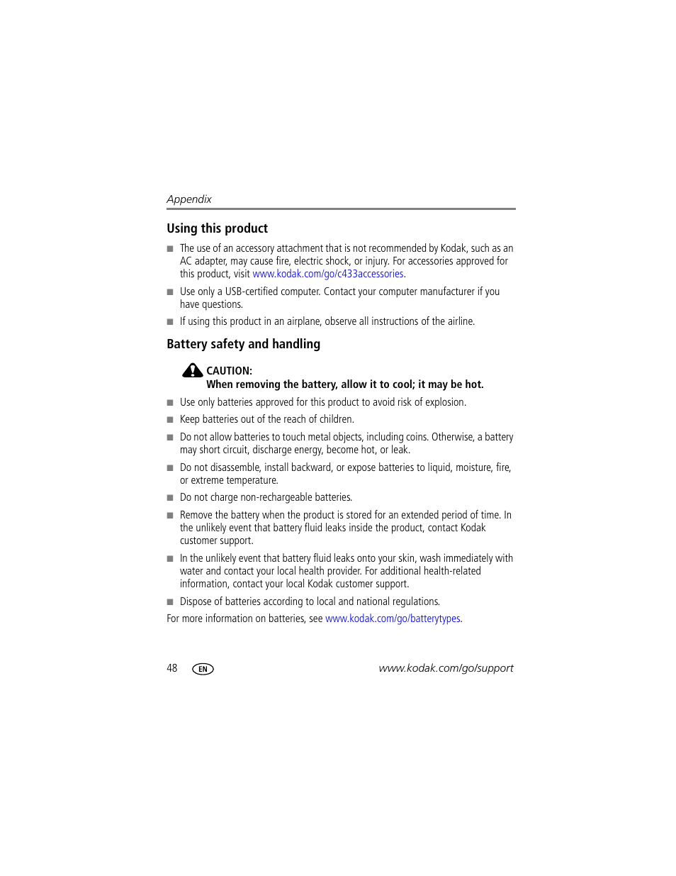 Using this product, Battery safety and handling | Kodak EasyShare C433 User Manual | Page 54 / 66