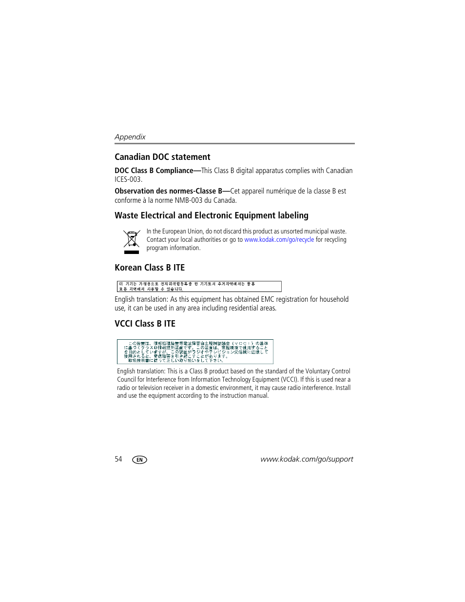 Canadian doc statement, Waste electrical and electronic equipment labeling, Korean class b ite | Vcci class b ite | Kodak EasyShare C433 User Manual | Page 60 / 66