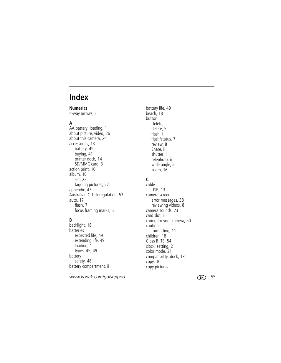 Index | Kodak EasyShare C433 User Manual | Page 61 / 66