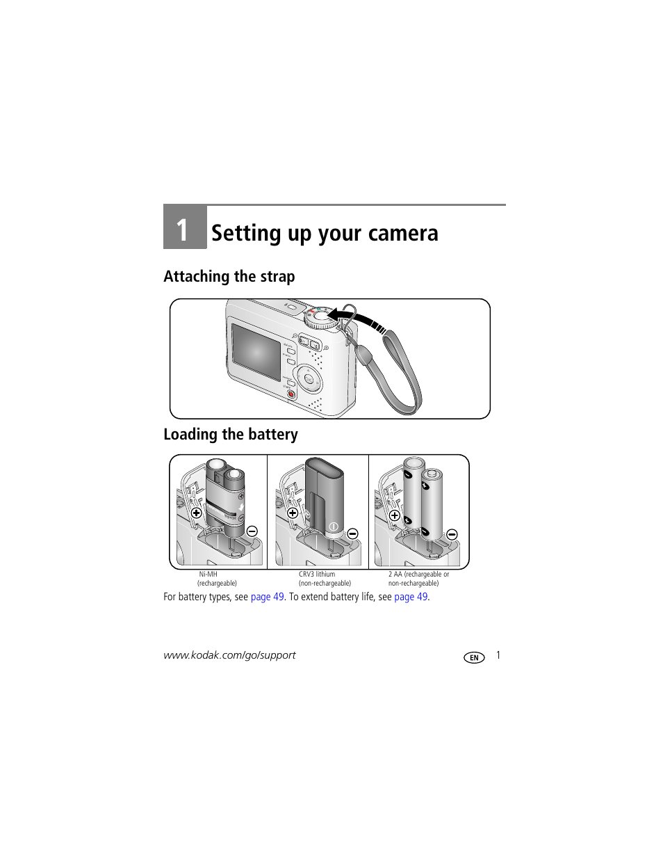 Setting up your camera, Attaching the strap, Loading the battery | 1 setting up your camera, Attaching the strap loading the battery | Kodak EasyShare C433 User Manual | Page 7 / 66