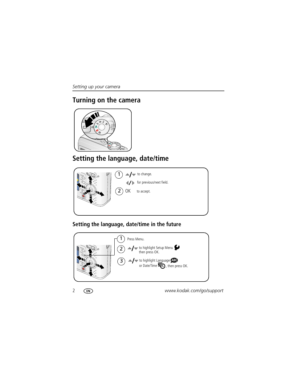 Turning on the camera, Setting the language, date/time, Setting the language, date/time in the future | Kodak EasyShare C433 User Manual | Page 8 / 66