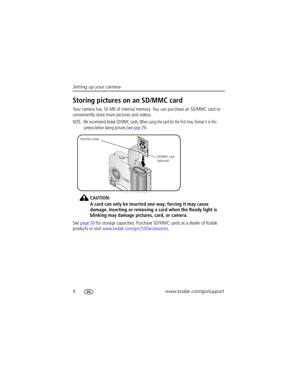 Storing pictures on an sd/mmc card | Kodak EasyShare C530 User Manual | Page 10 / 71