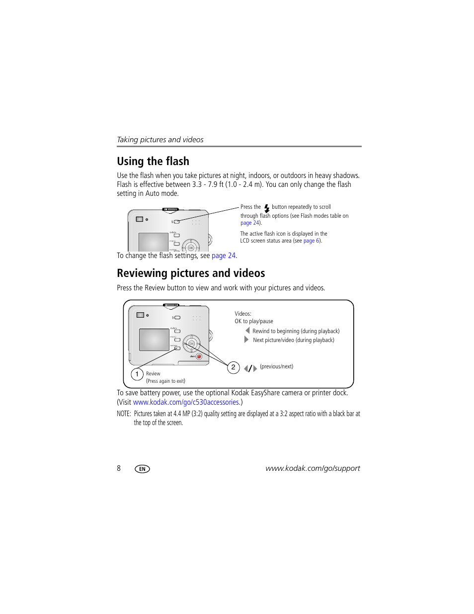 Using the flash, Reviewing pictures and videos, Using the flash reviewing pictures and videos | Kodak EasyShare C530 User Manual | Page 14 / 71