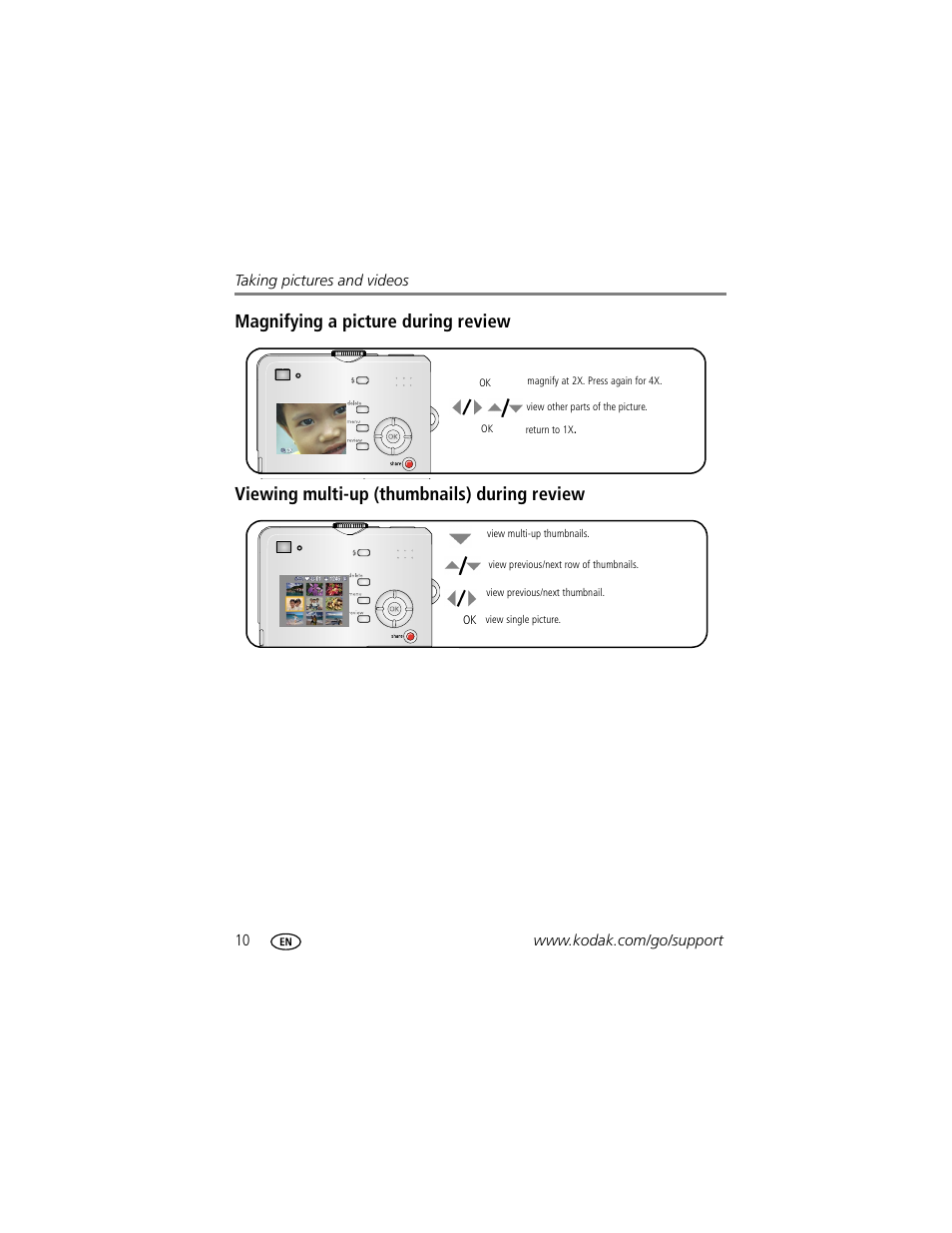 Magnifying a picture during review, Viewing multi-up (thumbnails) during review | Kodak EasyShare C530 User Manual | Page 16 / 71