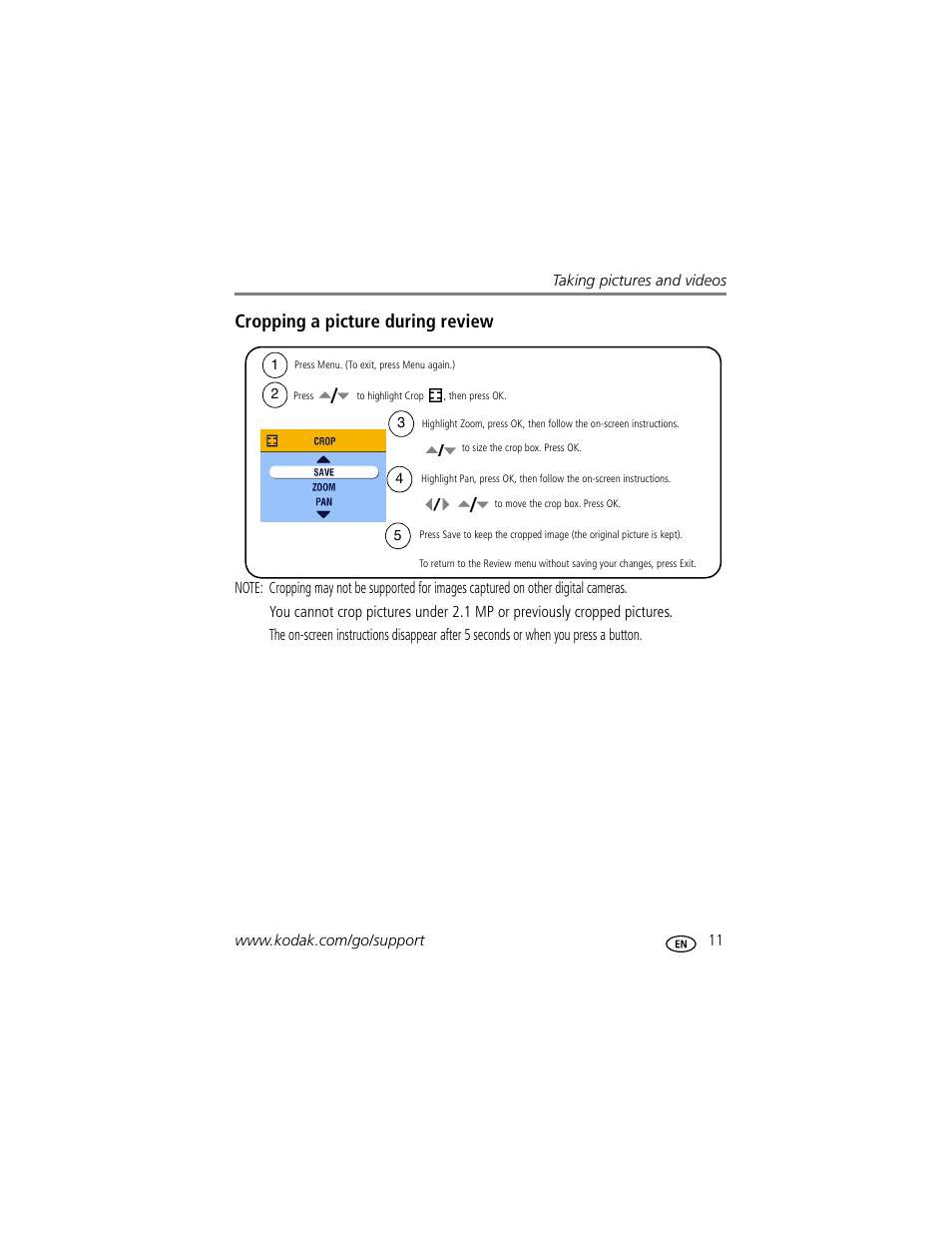 Cropping a picture during review | Kodak EasyShare C530 User Manual | Page 17 / 71