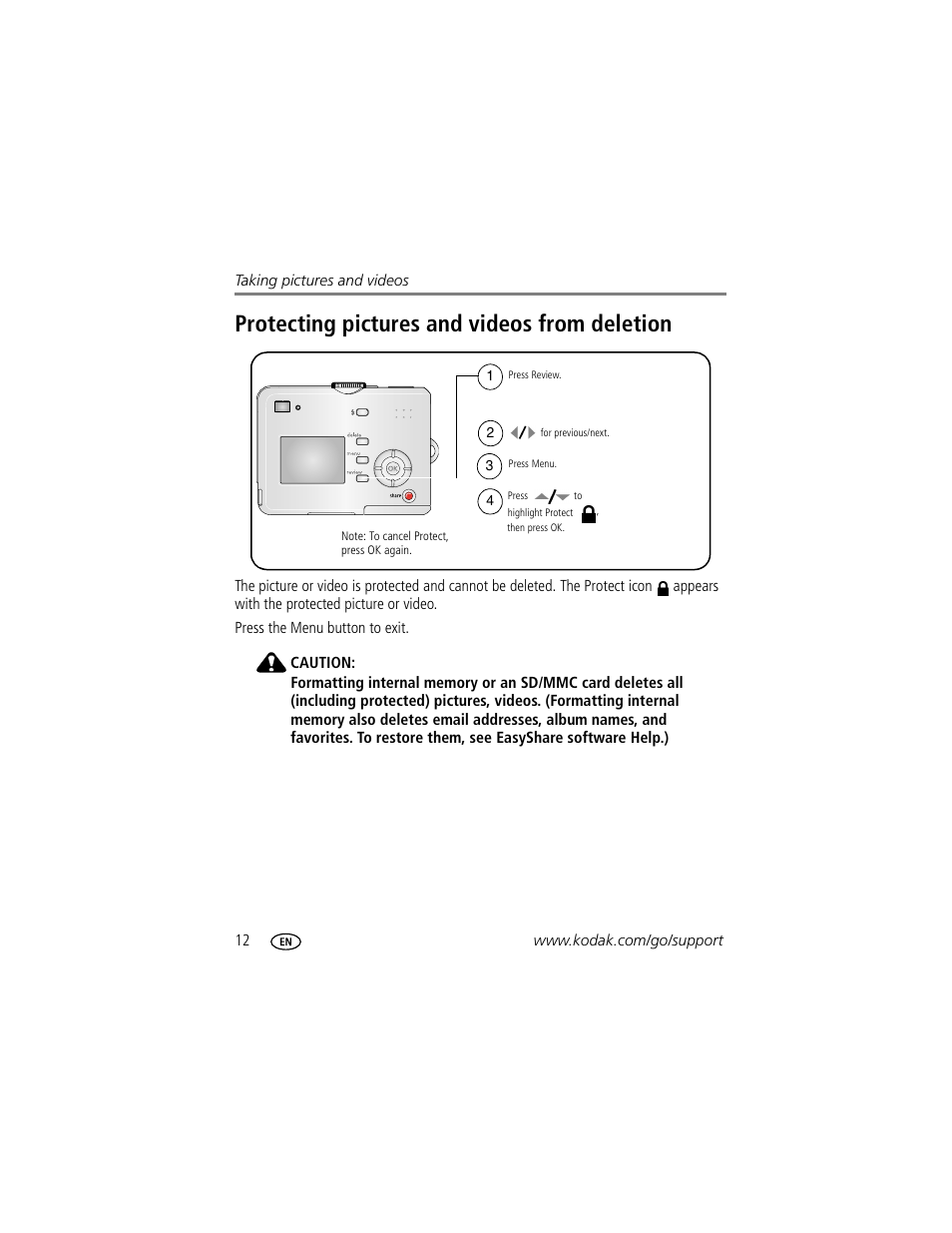 Protecting pictures and videos from deletion | Kodak EasyShare C530 User Manual | Page 18 / 71