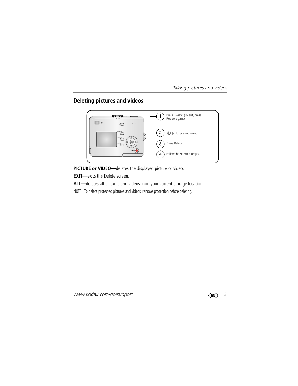 Deleting pictures and videos | Kodak EasyShare C530 User Manual | Page 19 / 71