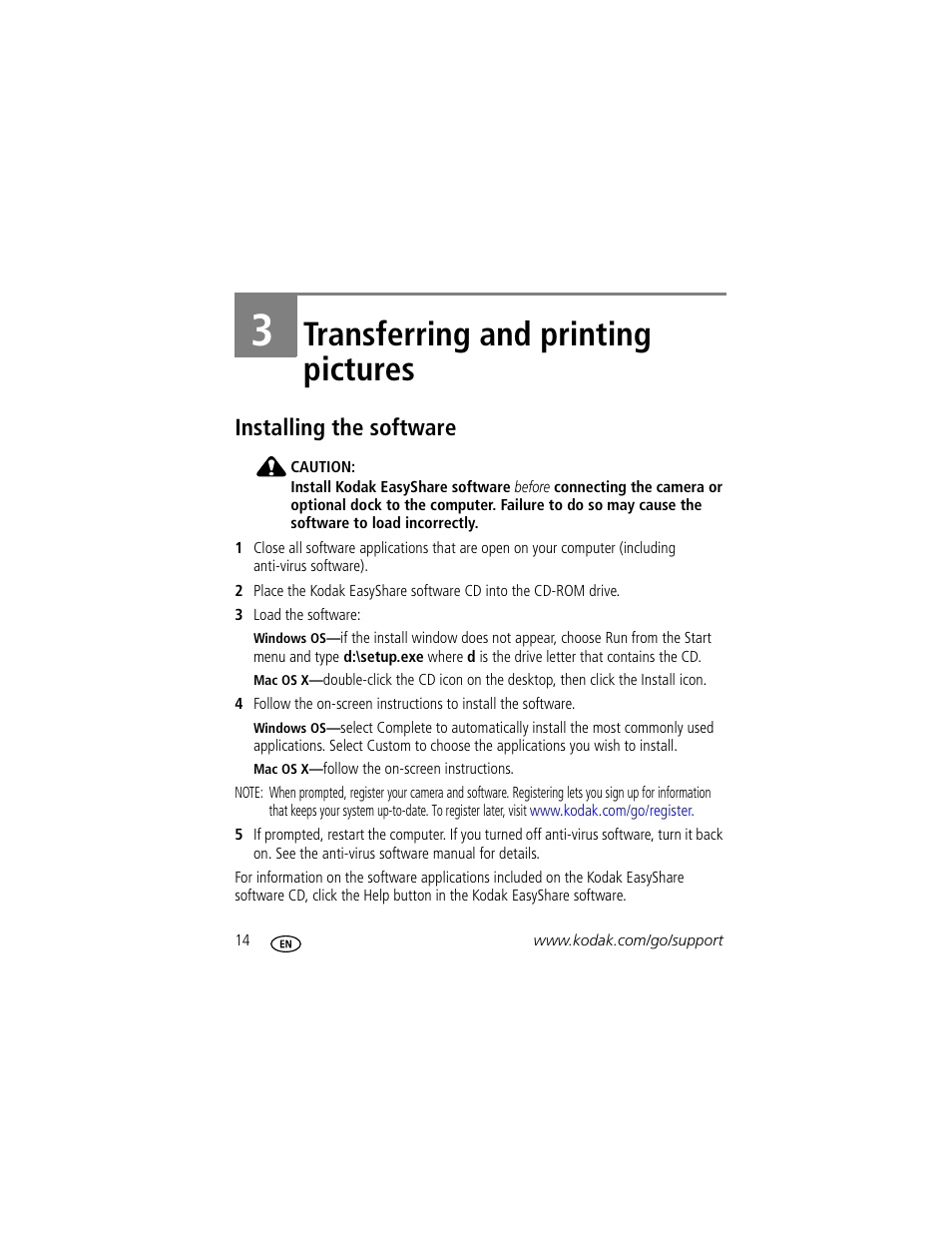 Transferring and printing pictures, Installing the software, 3 transferring and printing pictures | Kodak EasyShare C530 User Manual | Page 20 / 71