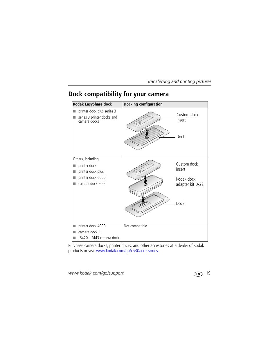 Dock compatibility for your camera | Kodak EasyShare C530 User Manual | Page 25 / 71