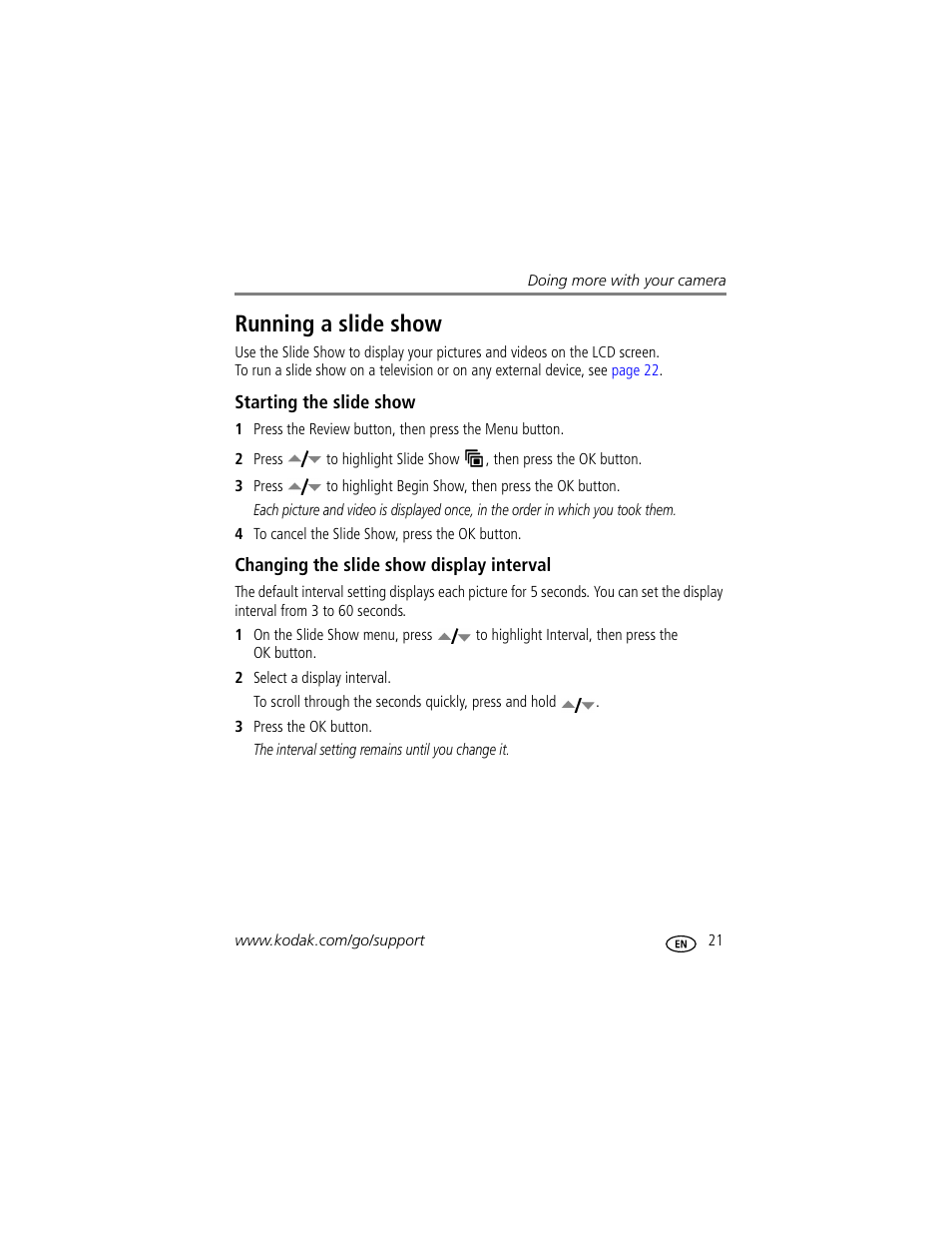 Running a slide show, Starting the slide show, Changing the slide show display interval | Kodak EasyShare C530 User Manual | Page 27 / 71