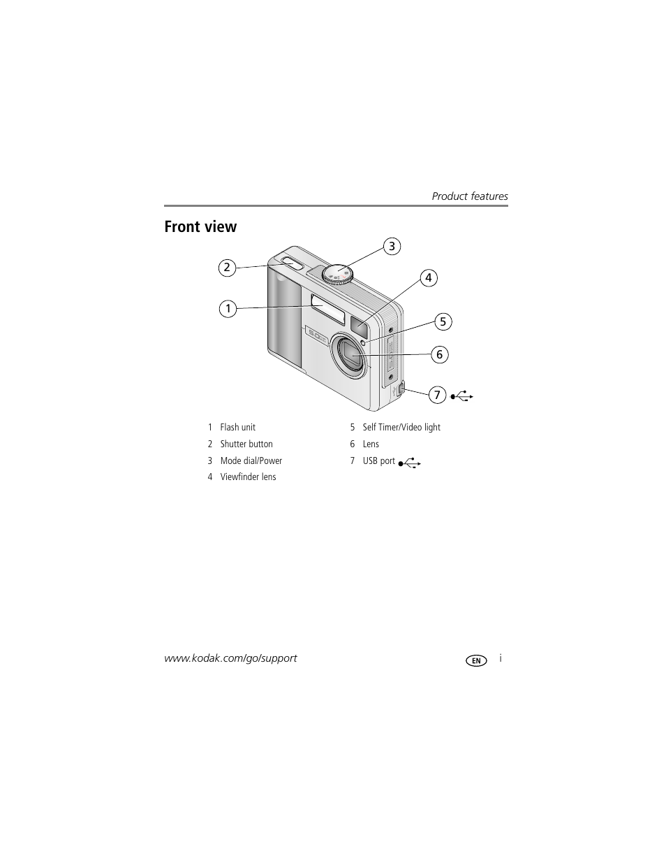 Product features, Front view | Kodak EasyShare C530 User Manual | Page 3 / 71