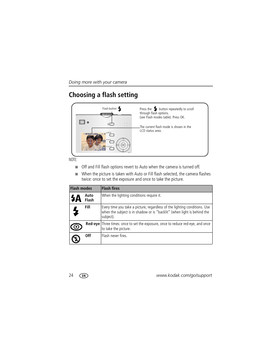 Choosing a flash setting | Kodak EasyShare C530 User Manual | Page 30 / 71