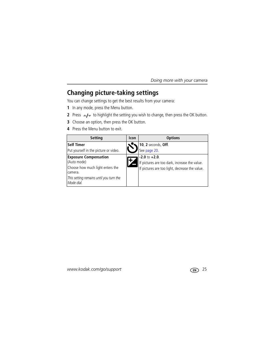 Changing picture-taking settings | Kodak EasyShare C530 User Manual | Page 31 / 71