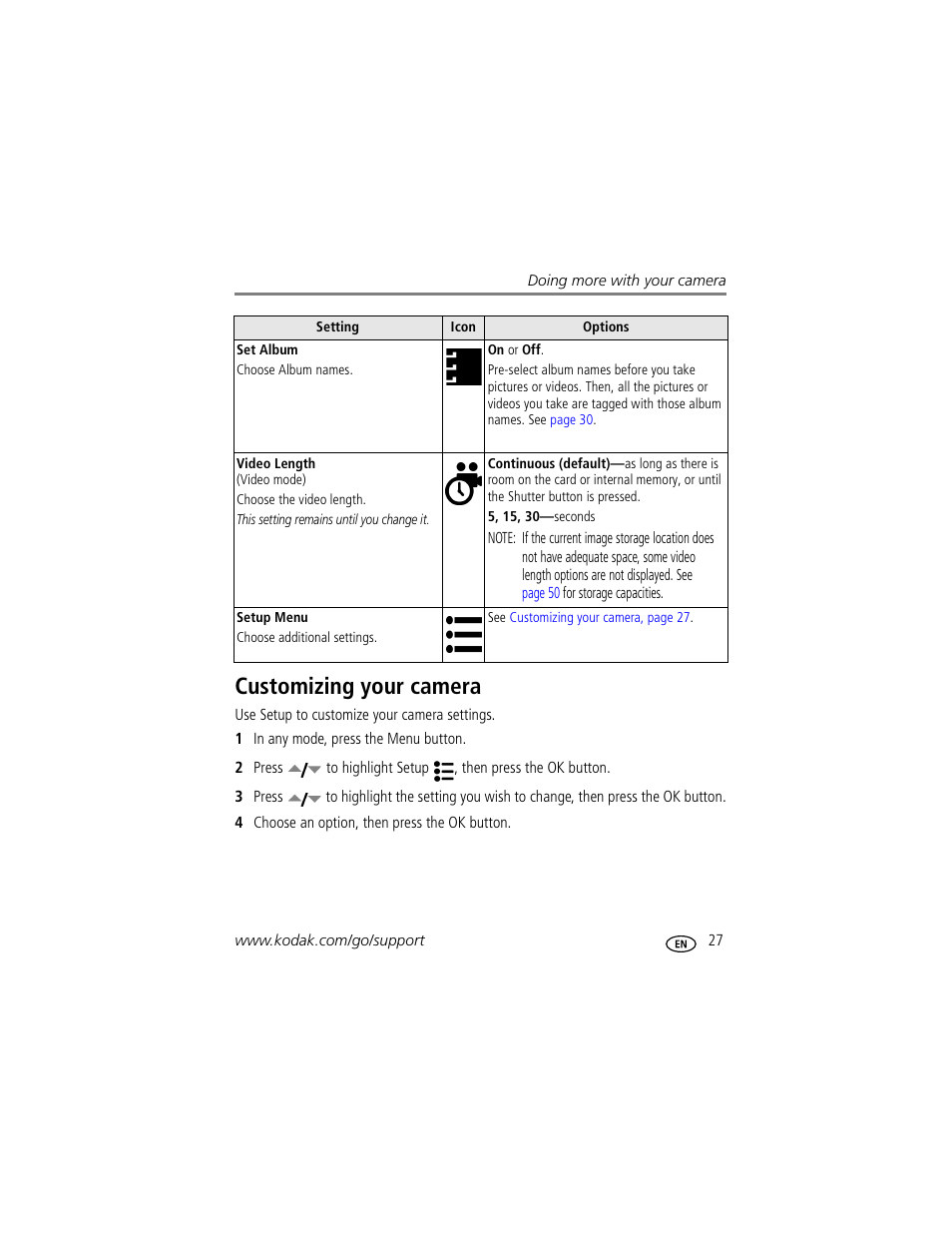 Customizing your camera | Kodak EasyShare C530 User Manual | Page 33 / 71