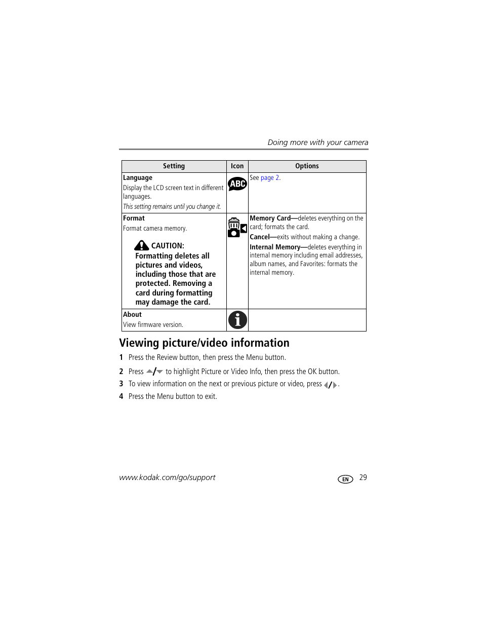 Viewing picture/video information | Kodak EasyShare C530 User Manual | Page 35 / 71