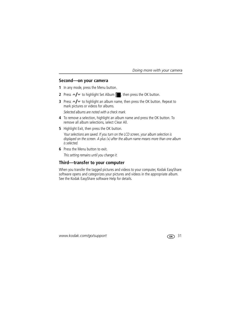 Second-on your camera, Third-transfer to your computer | Kodak EasyShare C530 User Manual | Page 37 / 71