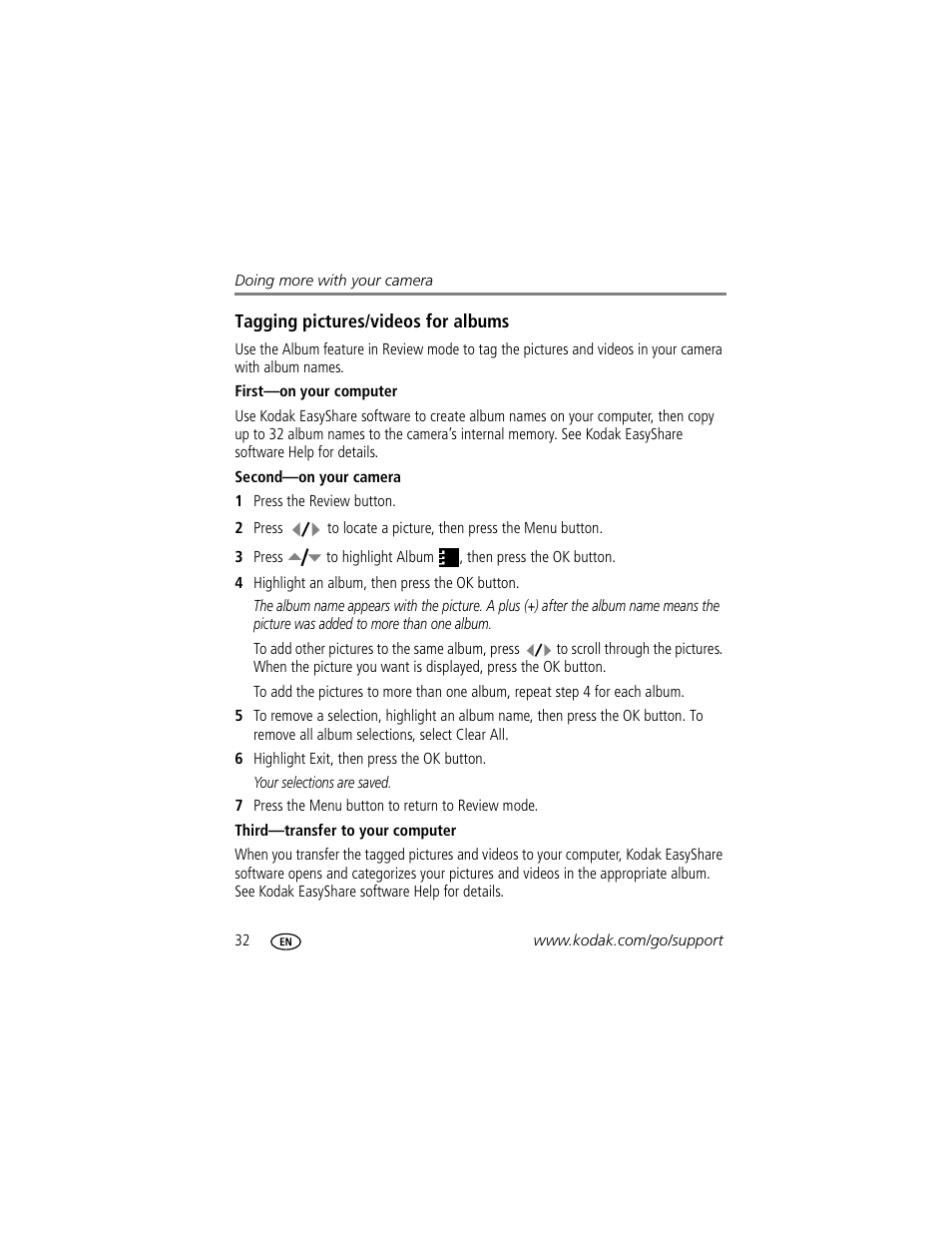 Tagging pictures/videos for albums, First-on your computer, Second-on your camera | Third-transfer to your computer | Kodak EasyShare C530 User Manual | Page 38 / 71