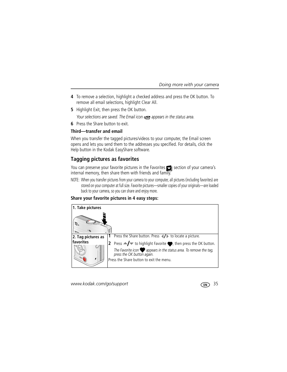 Third-transfer and email, Tagging pictures as favorites | Kodak EasyShare C530 User Manual | Page 41 / 71