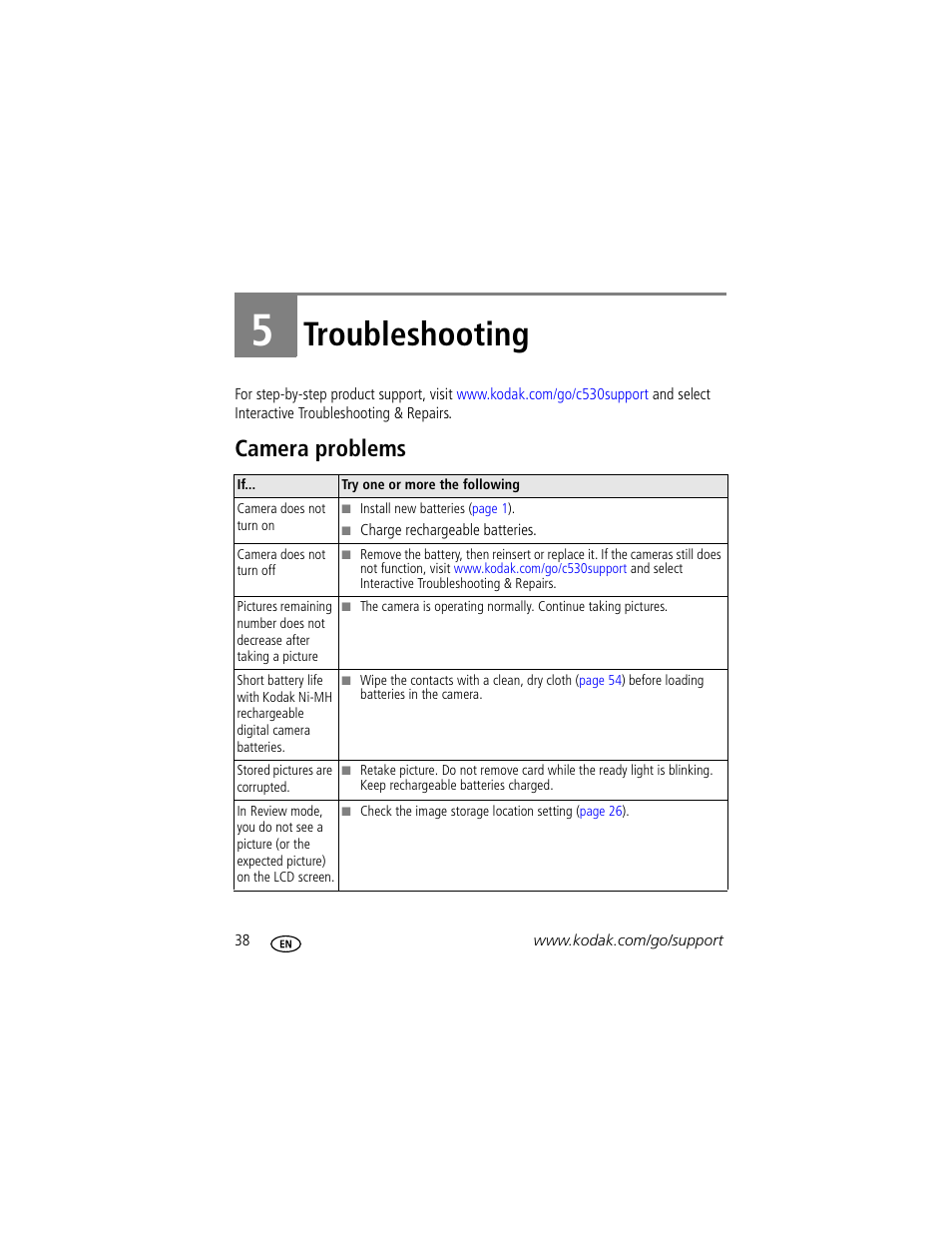 Troubleshooting, Camera problems, 5 troubleshooting | Kodak EasyShare C530 User Manual | Page 44 / 71