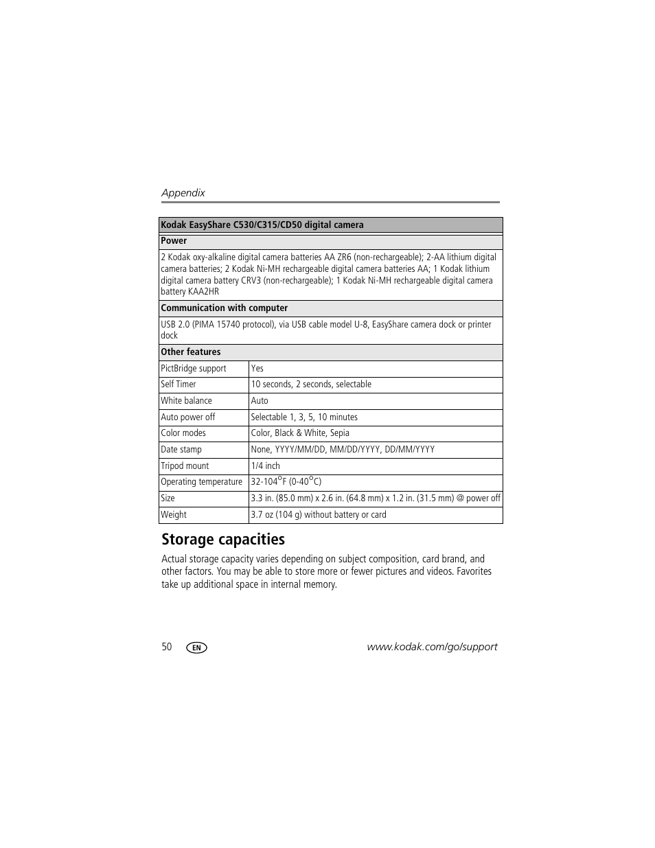 Storage capacities | Kodak EasyShare C530 User Manual | Page 56 / 71