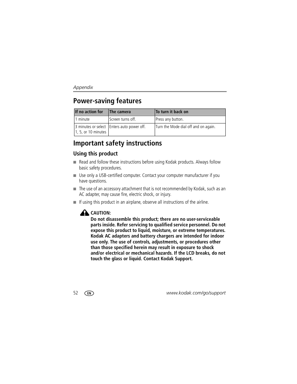 Power-saving features, Important safety instructions, Using this product | Kodak EasyShare C530 User Manual | Page 58 / 71