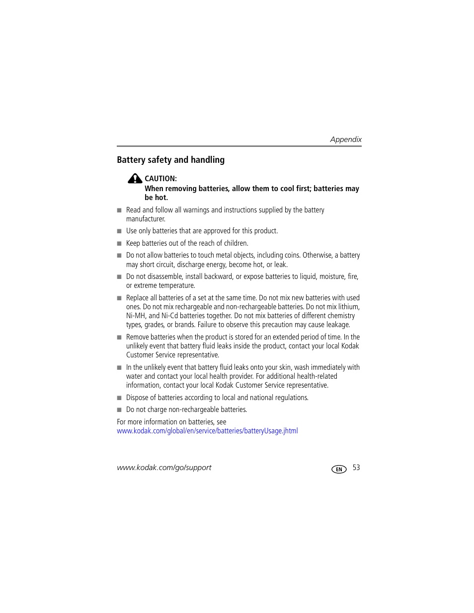 Battery safety and handling | Kodak EasyShare C530 User Manual | Page 59 / 71