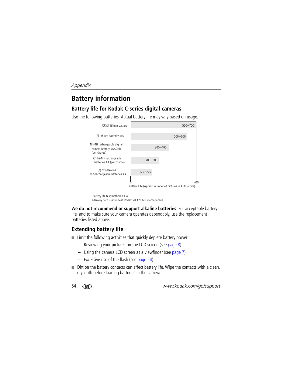 Battery information, Battery life for kodak c-series digital cameras, Extending battery life | Kodak EasyShare C530 User Manual | Page 60 / 71