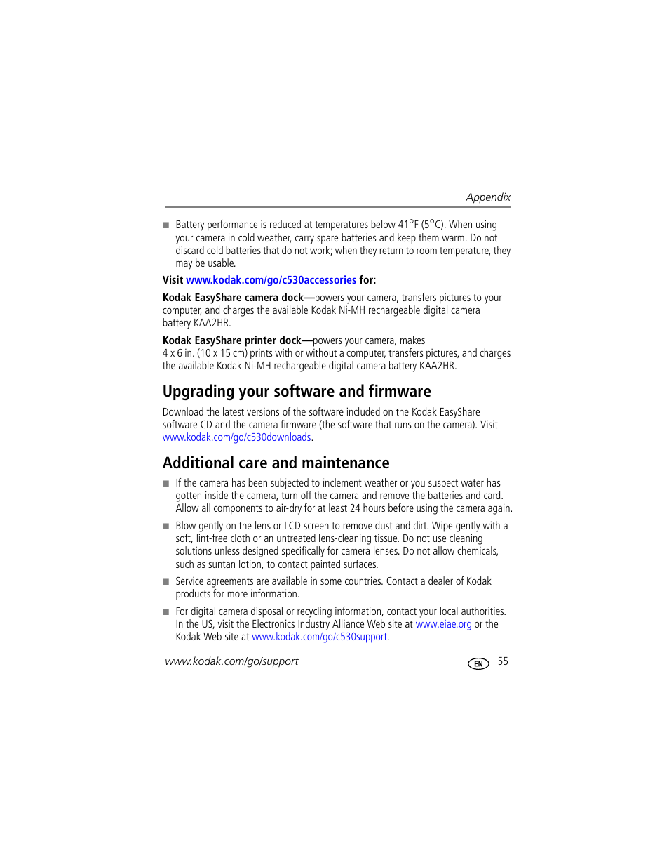 Upgrading your software and firmware, Additional care and maintenance | Kodak EasyShare C530 User Manual | Page 61 / 71