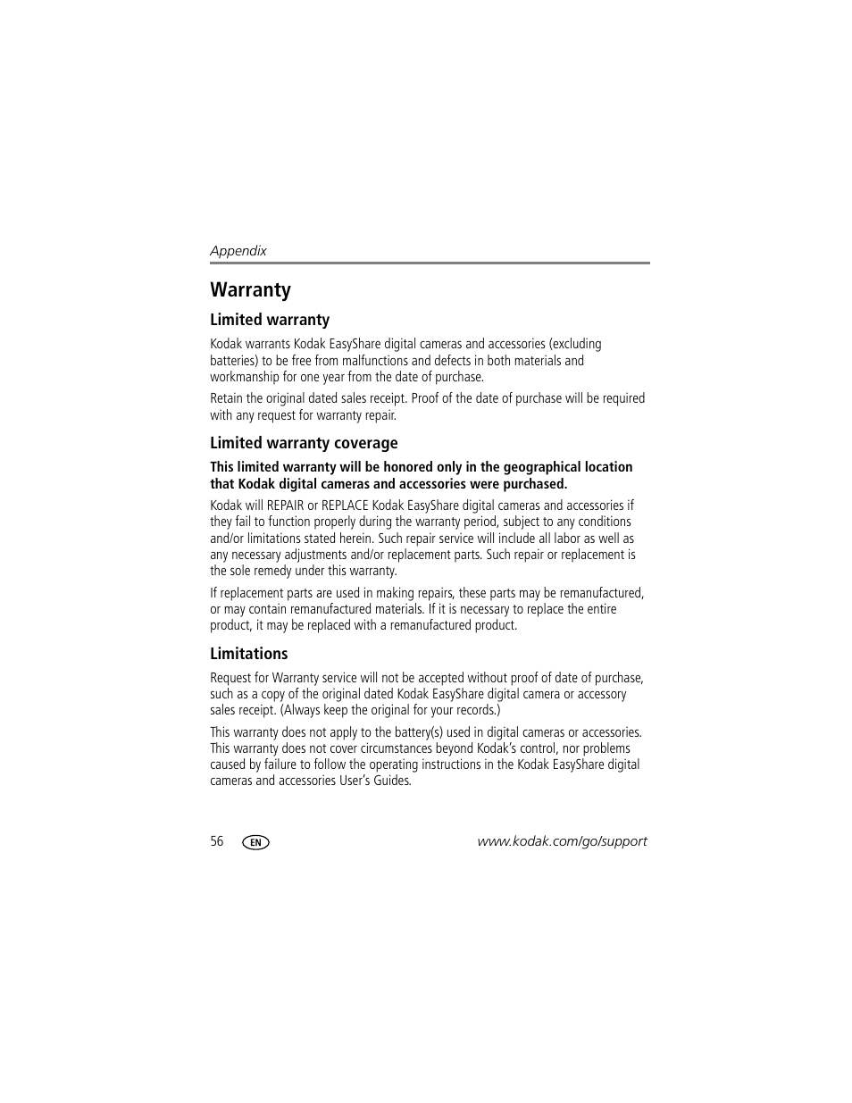 Warranty, Limited warranty, Limited warranty coverage | Limitations | Kodak EasyShare C530 User Manual | Page 62 / 71
