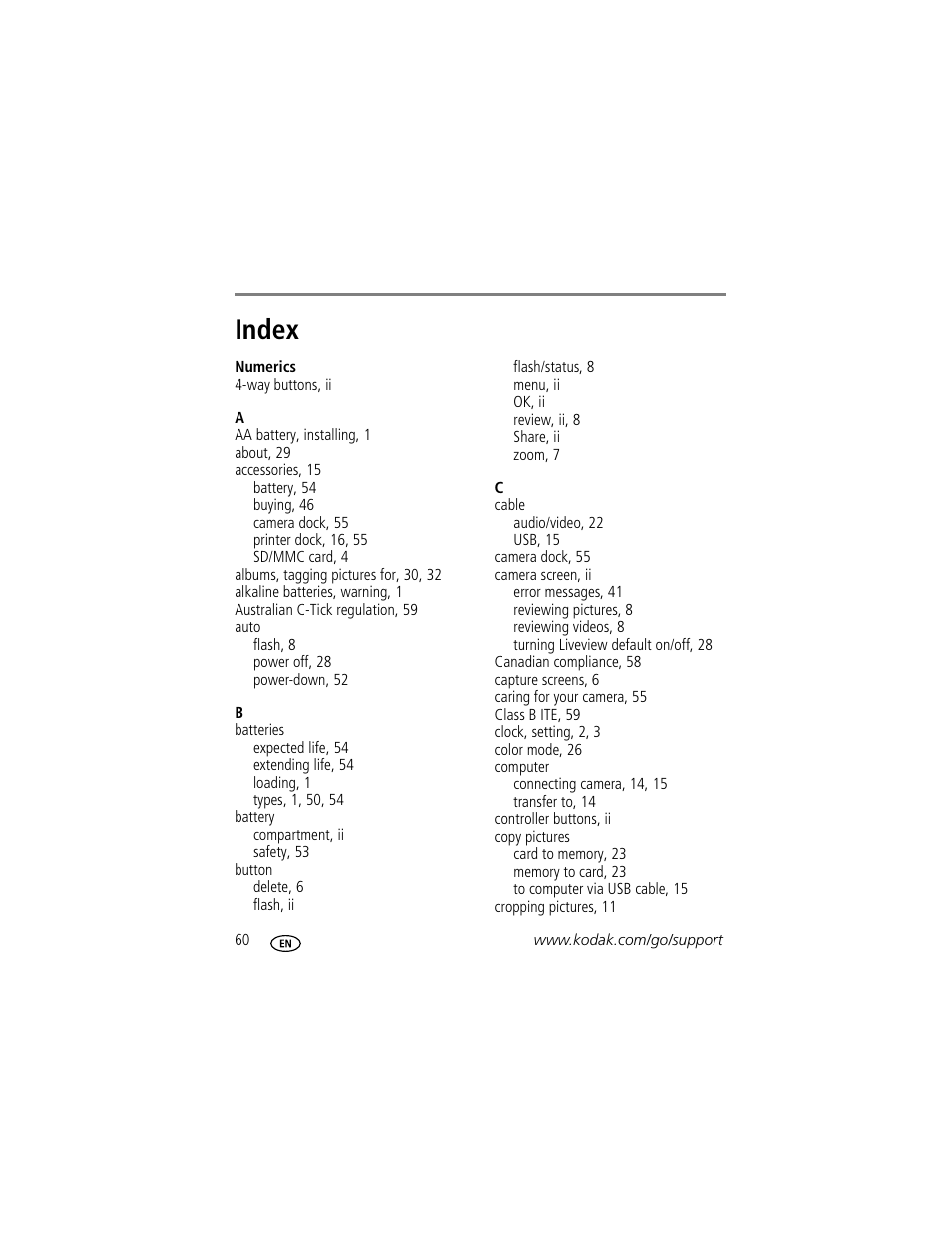 Index | Kodak EasyShare C530 User Manual | Page 66 / 71