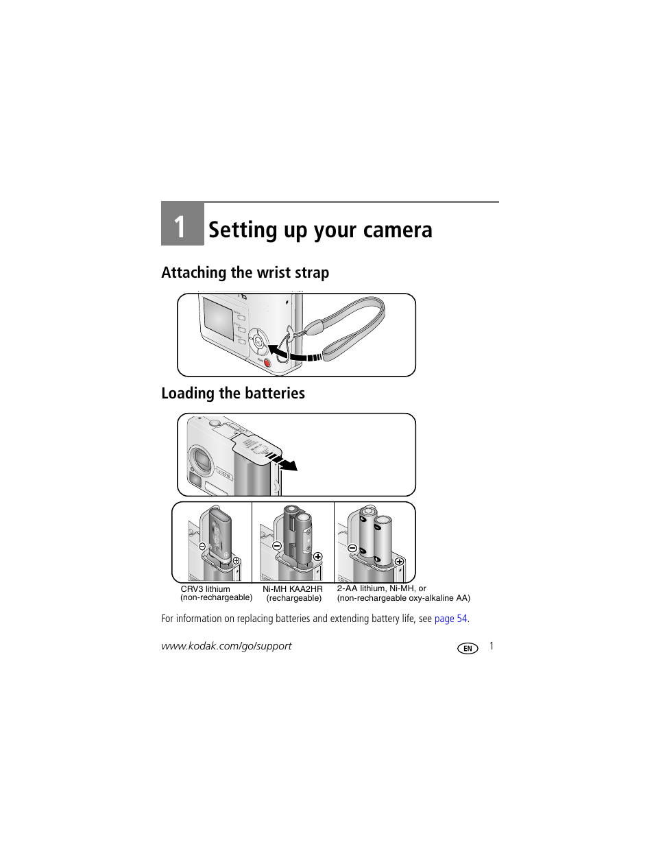 Setting up your camera, Attaching the wrist strap, Loading the batteries | 1 setting up your camera, Attaching the wrist strap loading the batteries | Kodak EasyShare C530 User Manual | Page 7 / 71