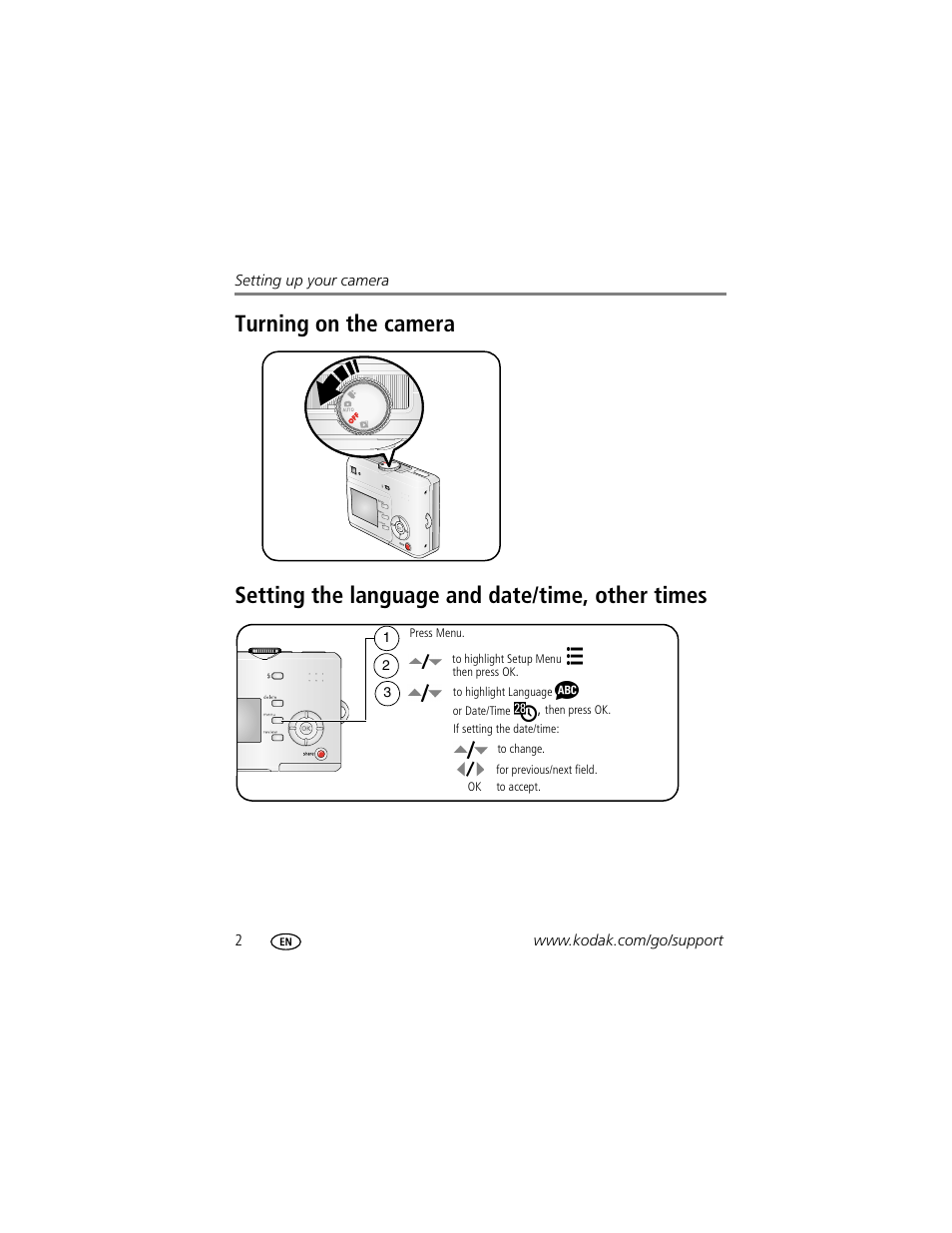 Turning on the camera, Setting the language and date/time, other times | Kodak EasyShare C530 User Manual | Page 8 / 71