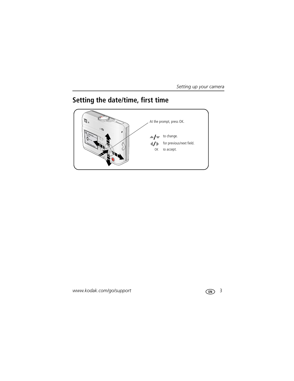 Setting the date/time, first time | Kodak EasyShare C530 User Manual | Page 9 / 71