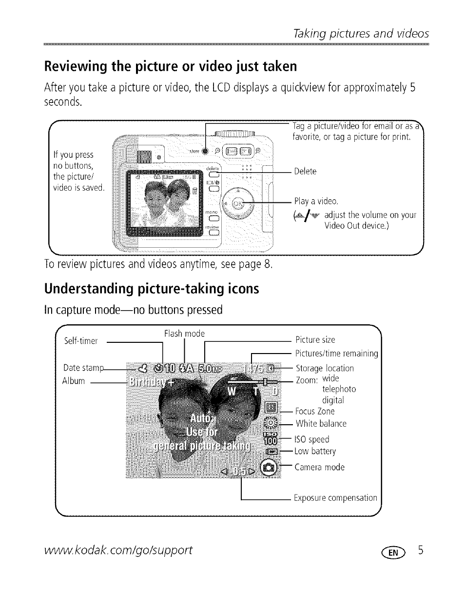 Reviewing the picture or video just taken, Understanding picture-taking icons, Taking pictures and videos | Kodak EASYSHARE C 503 User Manual | Page 10 / 67