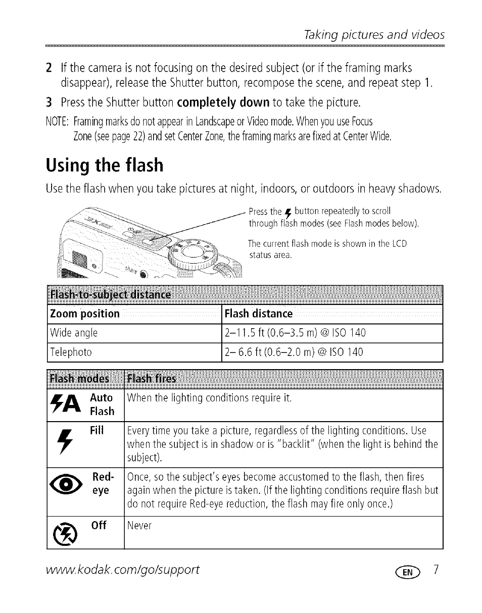 Using the flash, Taking pictures and videos | Kodak EASYSHARE C 503 User Manual | Page 12 / 67